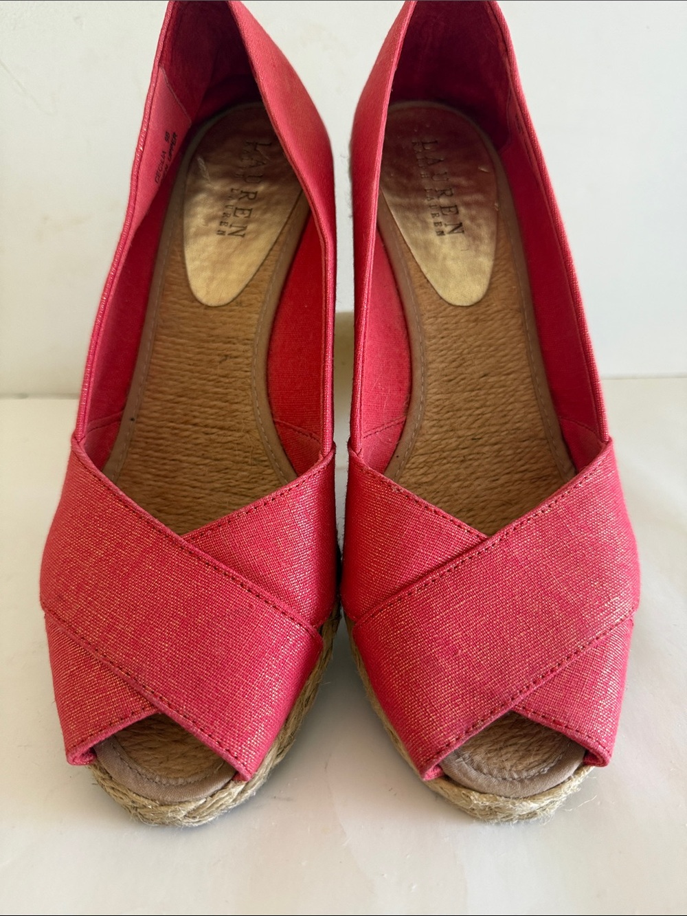 Lauren Ralph Lauren Cecilia espadrille peep toe wedge jute linen upper shoes